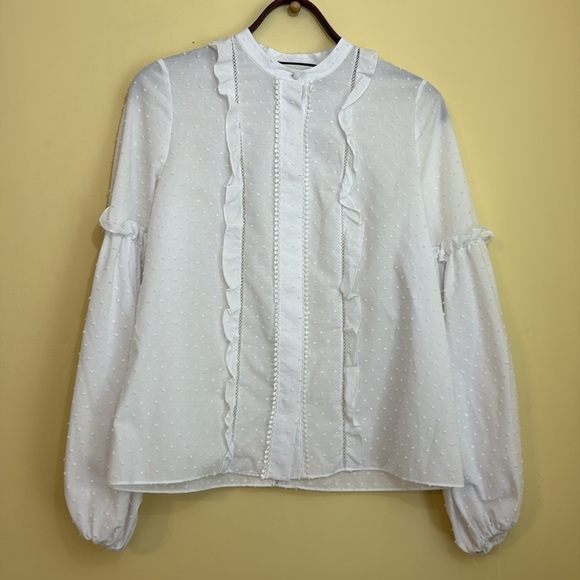 Alexis Dobby White Swiss Dot Ruffle Button Up Long Balloon Sleeve Blouse Top XS - Picture 3 of 17